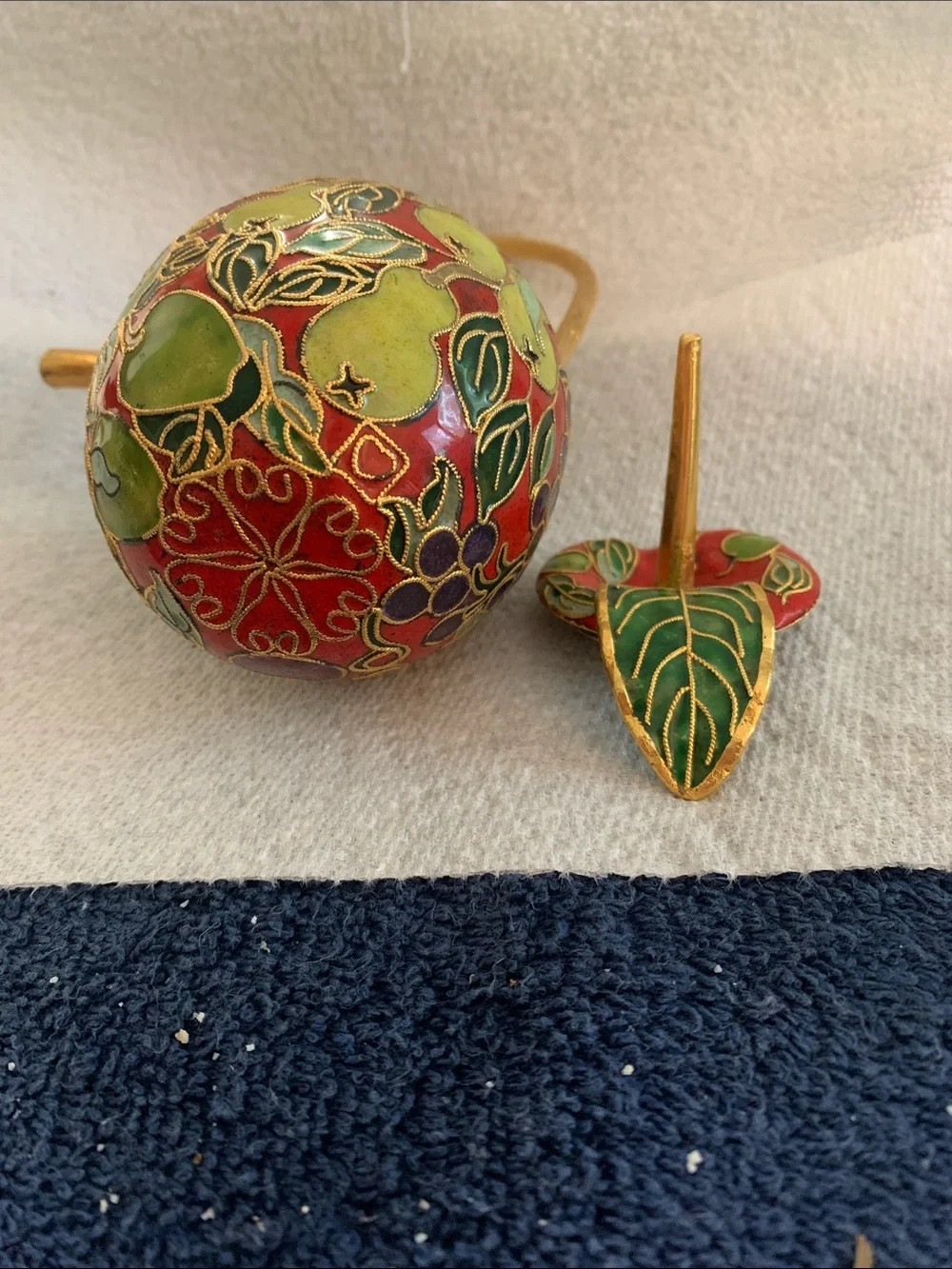 Vintage Cloisonne small teapot. Red with green and gold accents  7 inches tall